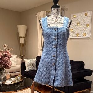 Blue Tweed Button-Down Dress